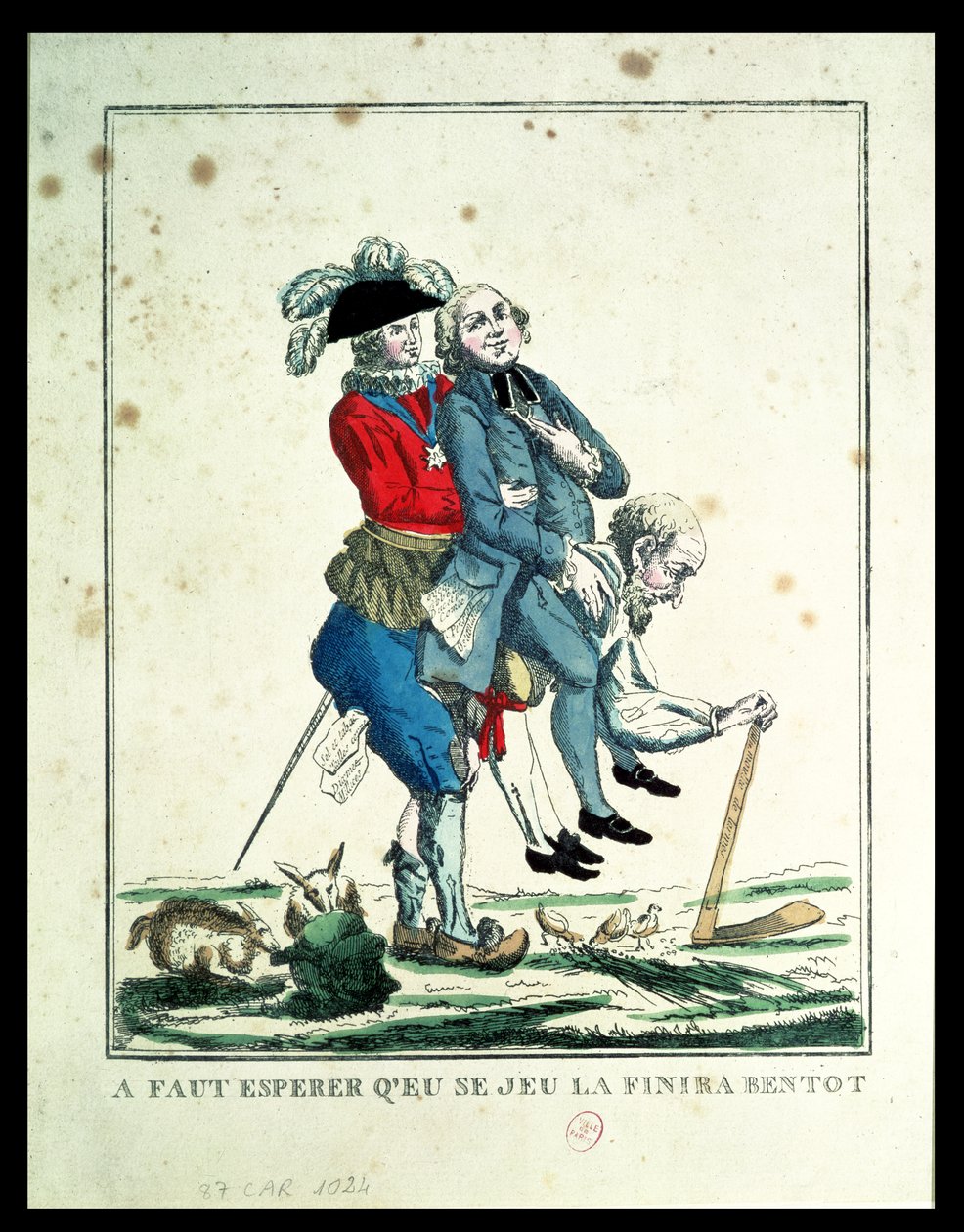 Le jeu doit bientôt se terminer, un paysan portant un clergyman et un noble, 1789 - French School