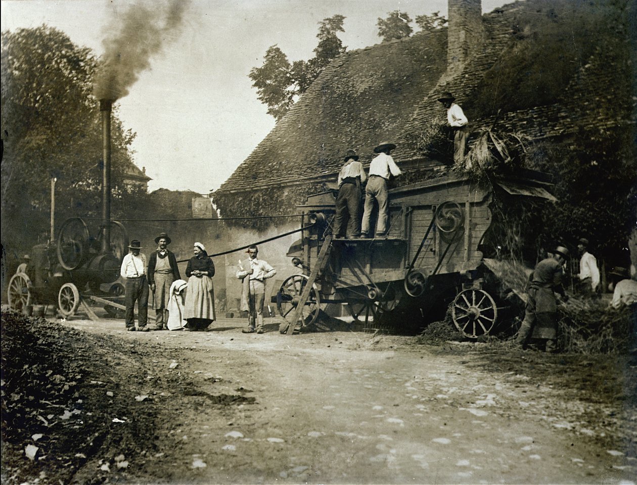 Scène de battage, fin du 19ème siècle - French School