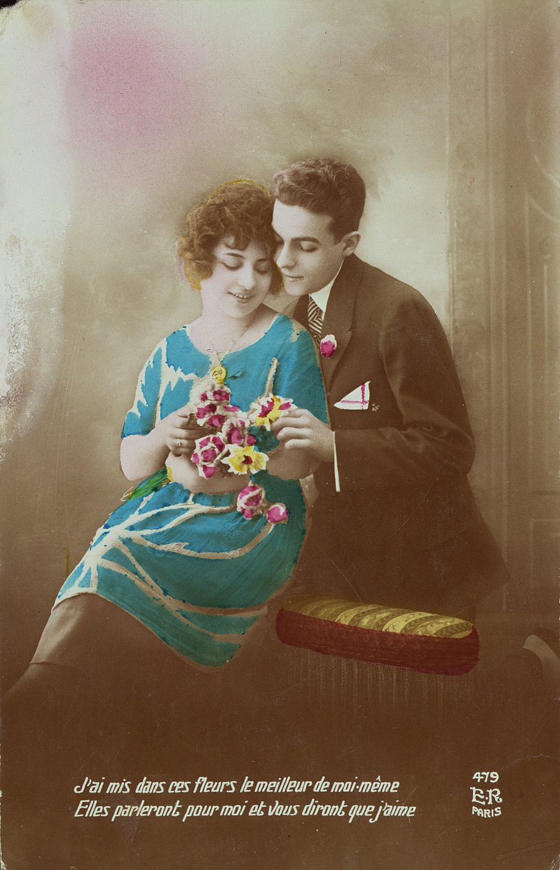 Couple avec des fleurs, 1910-20 - French School