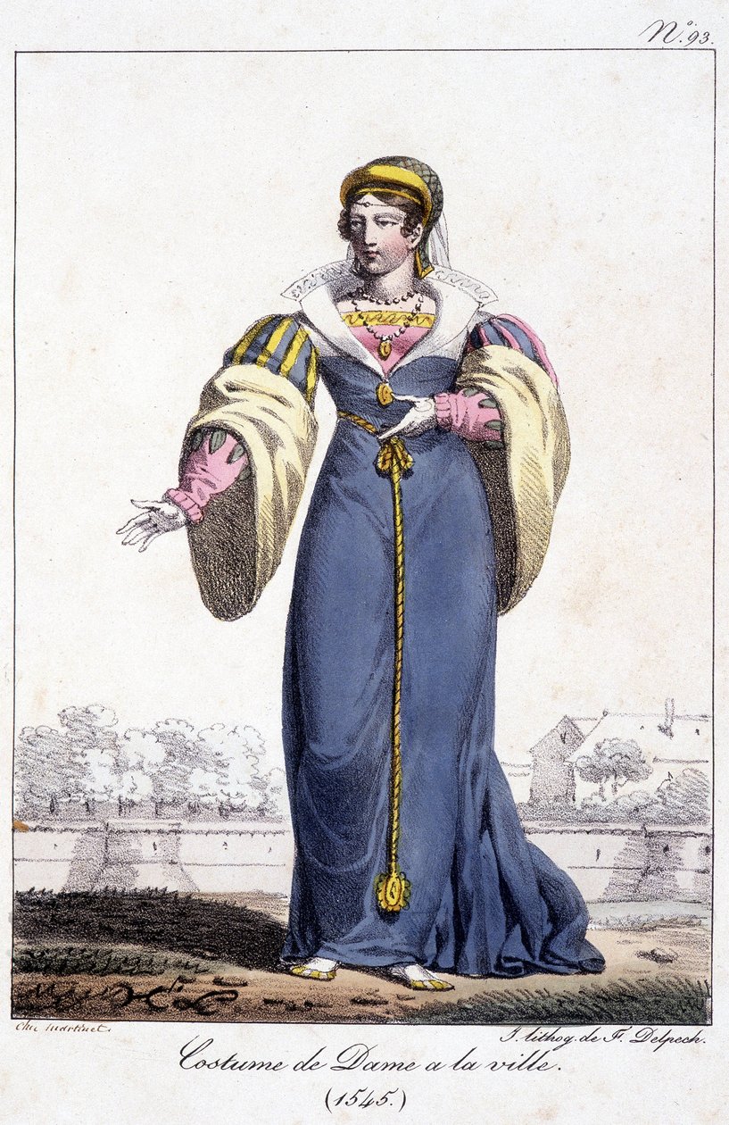 Gravure, costume de dame en ville vers 1545 - French School