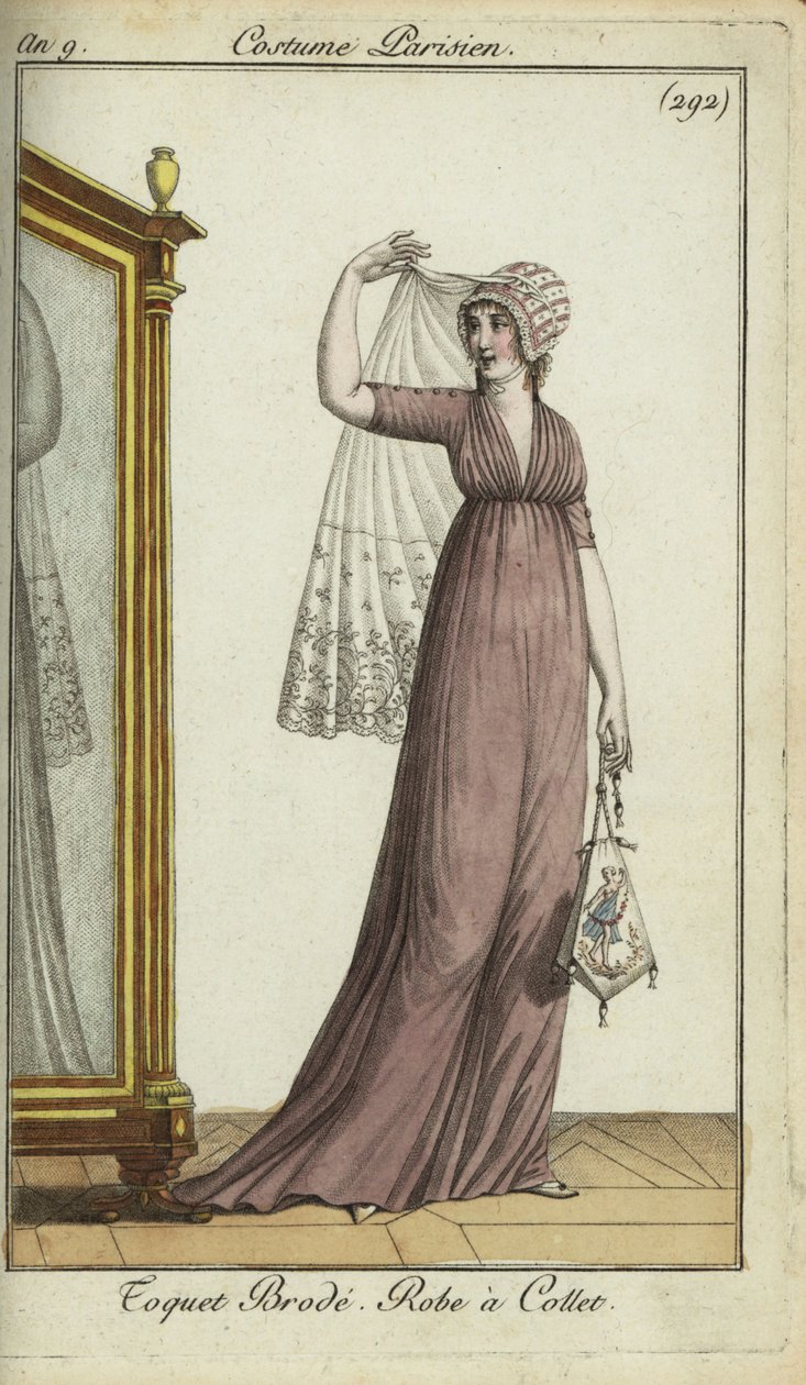 Femme à la mode avec un chapeau toquet brodé - French School