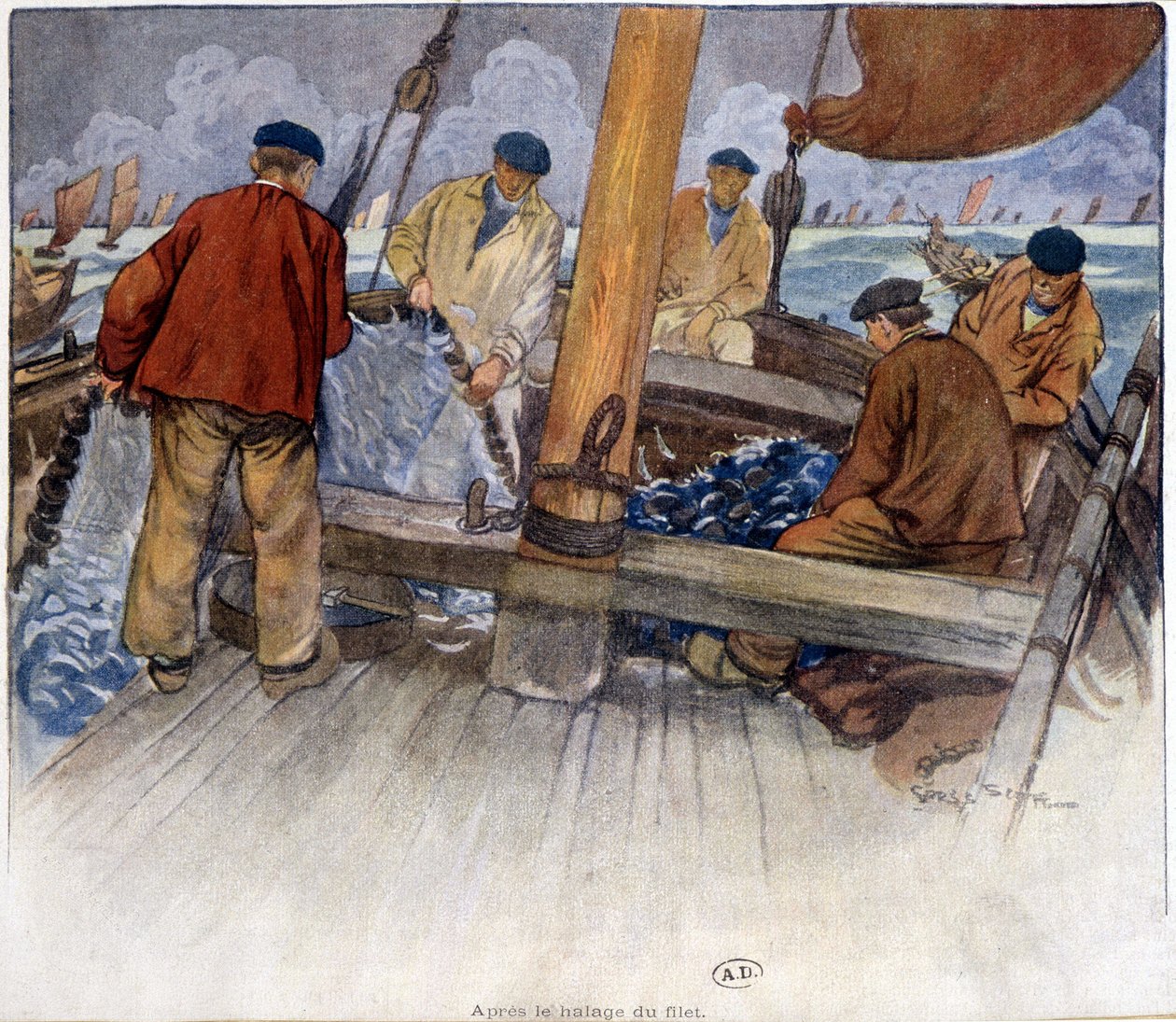 Pêcheurs vidant un filet à bord - French School