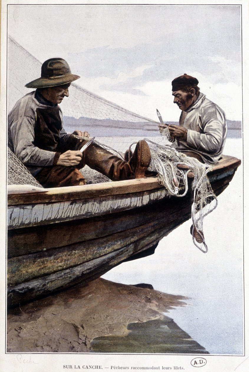 Pêcheurs ramant des filets à bord, v. 1895 - French School