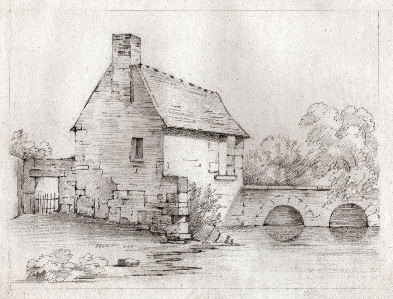 Maison au bord de la rivière (dessin, vers 1830) - French School