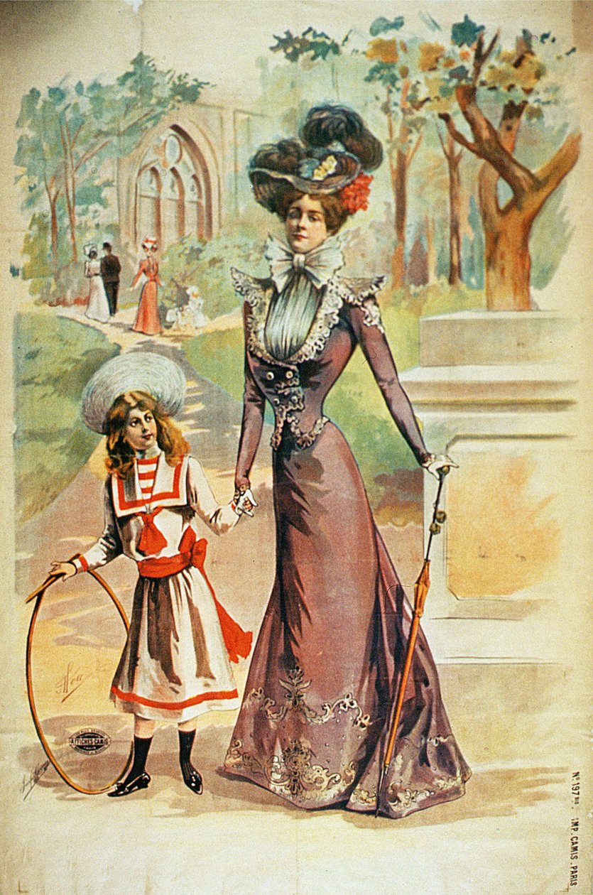Mère et fille en promenade - French School