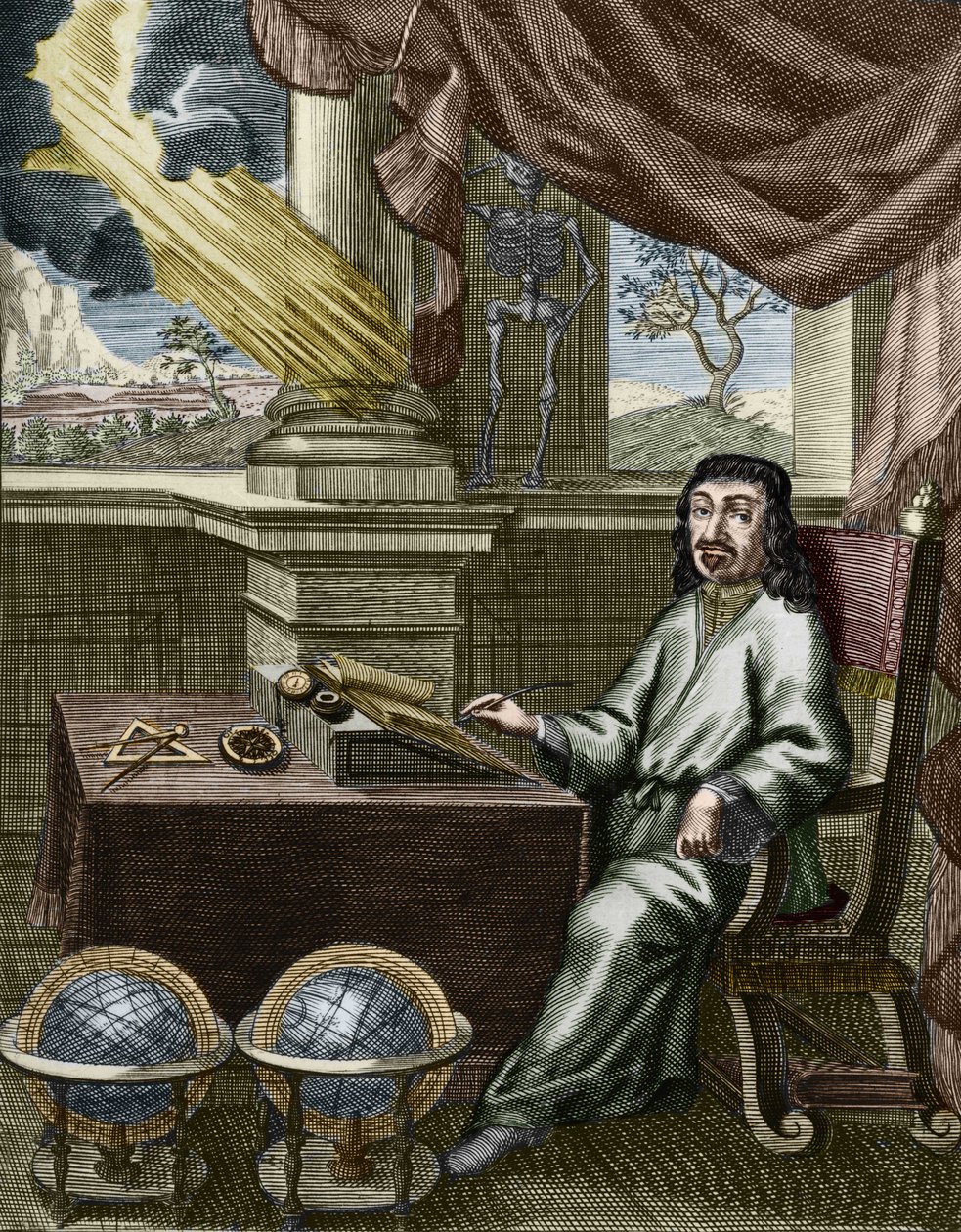 René Descartes (gravure en couleur) - French School