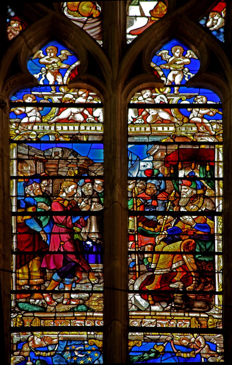 Fenêtre w119 représentant Joseph devant Pharaon - French School