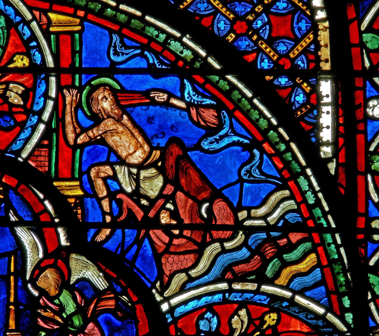 Vitrail w3 représentant Jonas et la baleine - French School