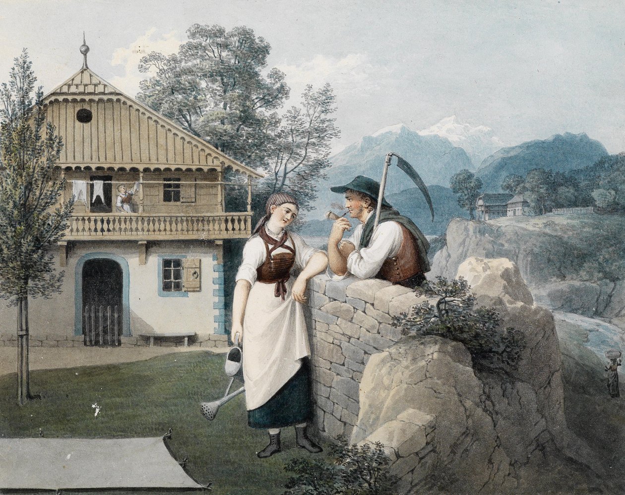 Fille avec un arrosoir et paysan avec une faux devant une maison à pignon - Friedrich Philipp Reinhold