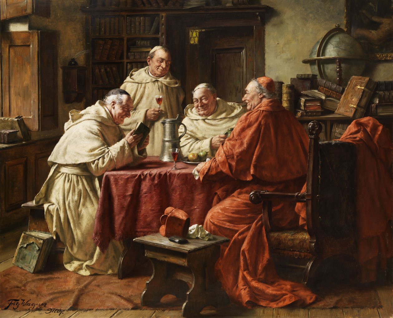 Cardinal avec des moines dans une bibliothèque monastique - Fritz Wagner