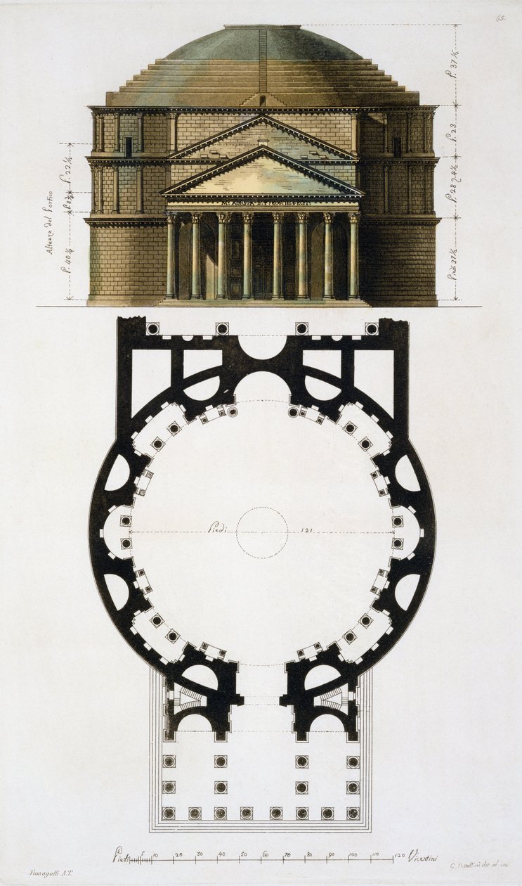 Plan et façade du Panthéon, Rome, de Le Costume Ancien et Moderne par Jules Ferrario, gravé par G. Castellini - Fumagalli