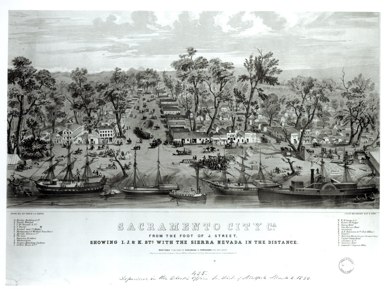 Sacramento City, Californie, depuis le pied de J. Street montrant les rues I, J et K avec la Sierra Nevada au loin, gravé par William Endicott et Co., 1849 - G.V. Cooper