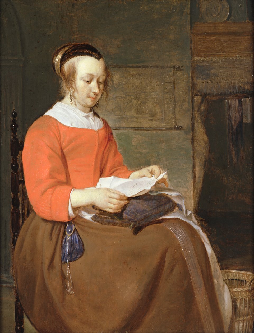 Une jeune femme assise dans un intérieur, lisant une lettre - Gabriel Metsu