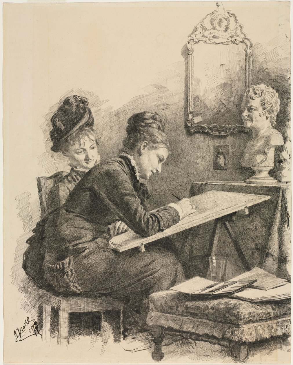 Deux Femmes Dessinant une Sculpture, 1878 - Gabriel von Hackl