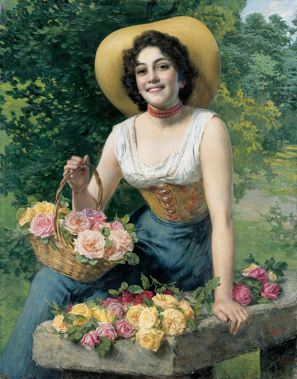 Une beauté tenant un panier de roses - Gaetano Bellei
