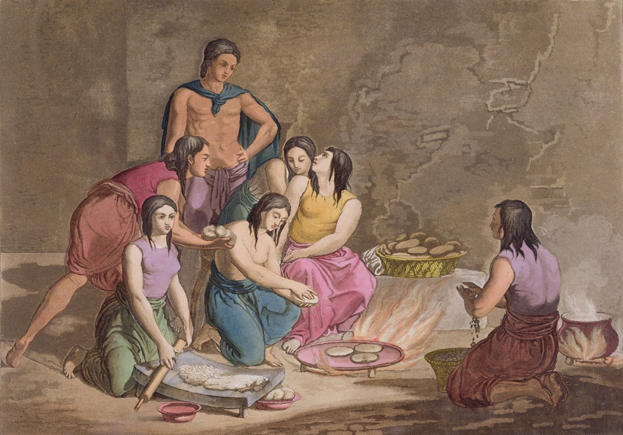Femmes aztèques faisant du pain de maïs, Mexique, de 