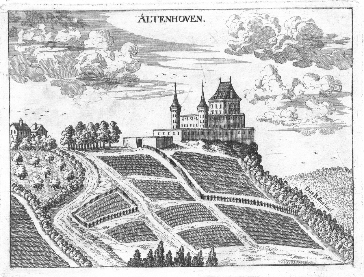 Gravure, vue du château d