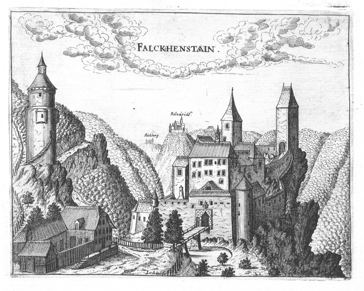 Gravure, vue du château de Falkenstein, Haute-Autriche - Georg Matthaus Vischer