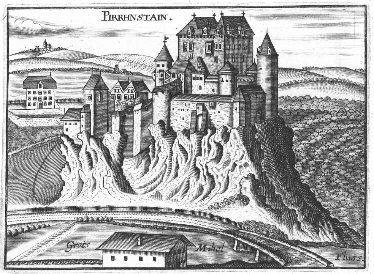 Gravure, vue du château de Pürnstein, Haute-Autriche - Georg Matthaus Vischer