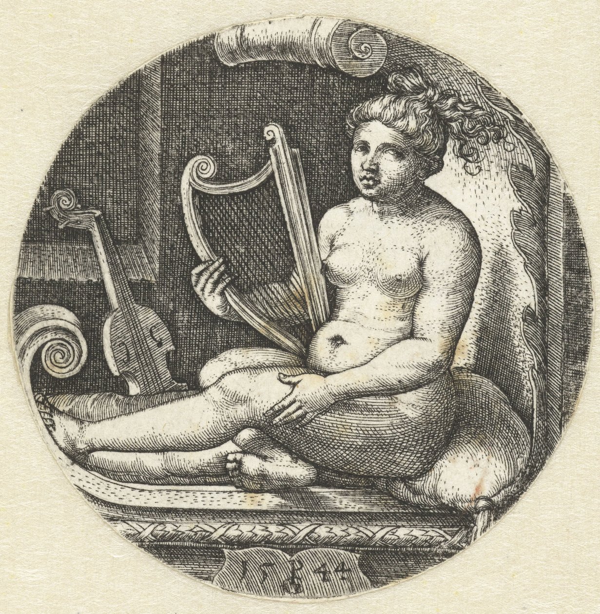 Femme nue assise avec une harpe - Georg Pencz