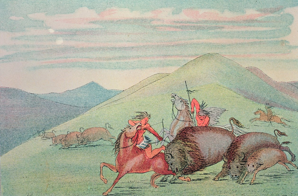 Taureau de buffle protégeant le veau et la mère sous attaque - George Catlin