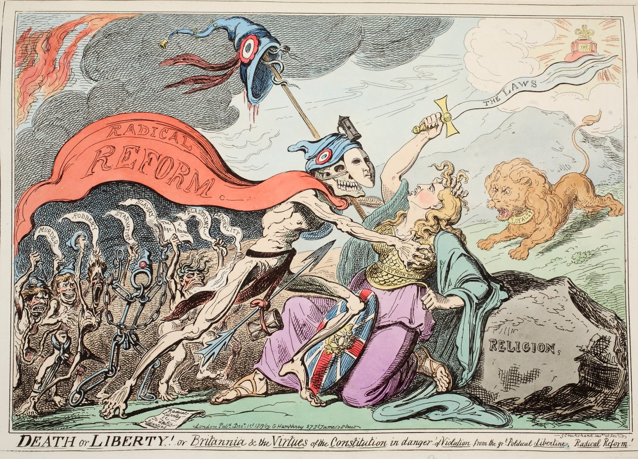 La mort ou la liberté ! Ou Britannia et les vertus de la Constitution en danger de violation par le grand libertin politique, la réforme radicale !, pub. 1819 - George Cruikshank