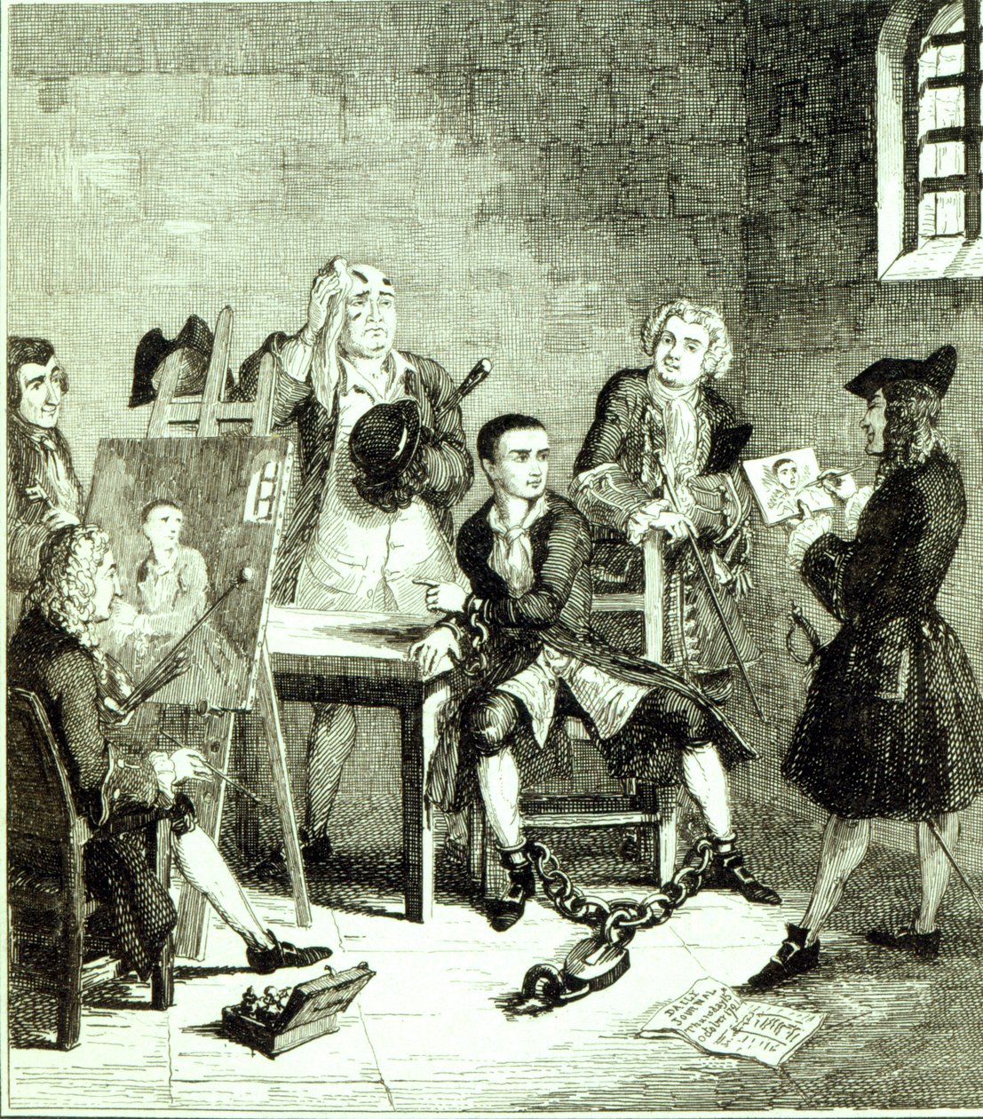 Jack dans la salle de Newgate faisant prendre des portraits par Sir James Thornhill et William Hogarth, illustration de 