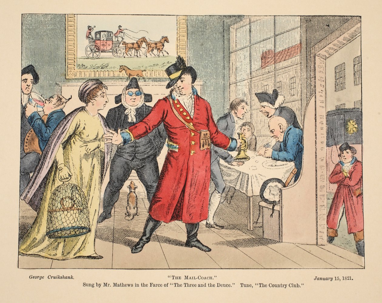 La diligence, chantée par M. Mathews dans la farce Les Trois et le Deuce. Air, Le Country Club, pub. 1821 - George Cruikshank