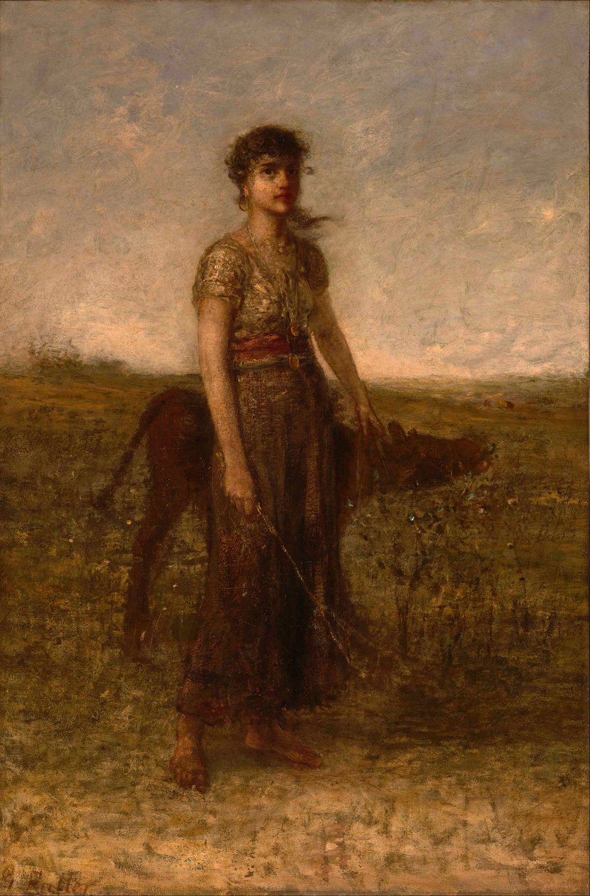 Fille et veau (conduit à travers les prés) - George Fuller