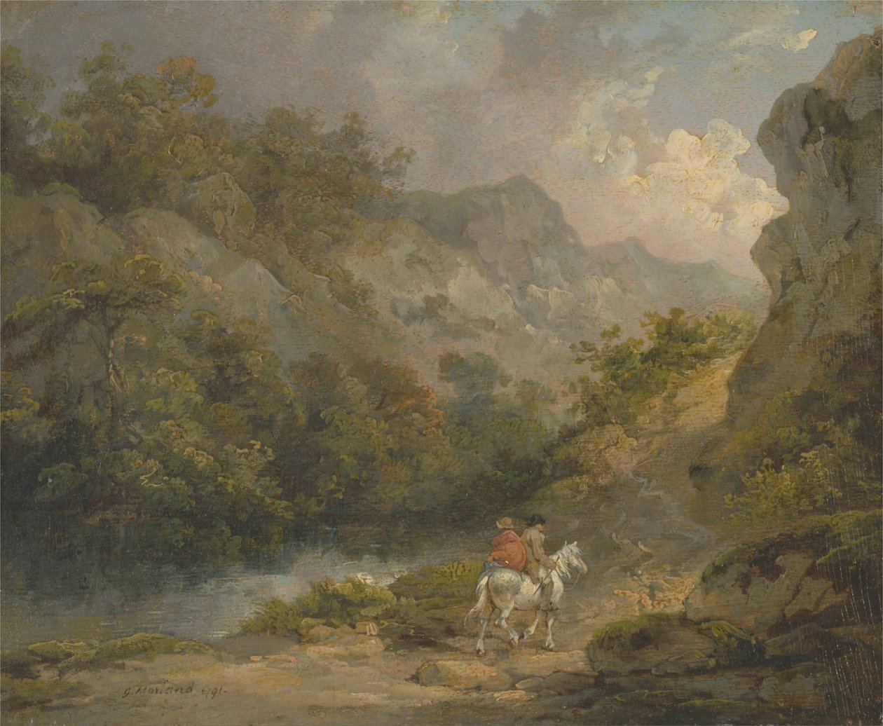 Paysage rocheux avec deux hommes sur un cheval - George Morland