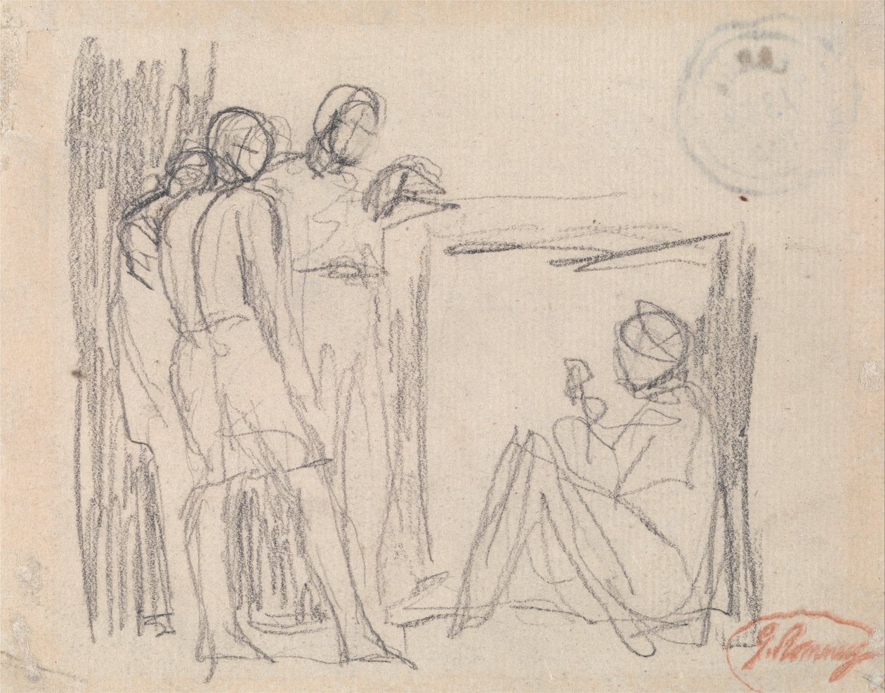Trois figures debout devant une figure assise - George Romney