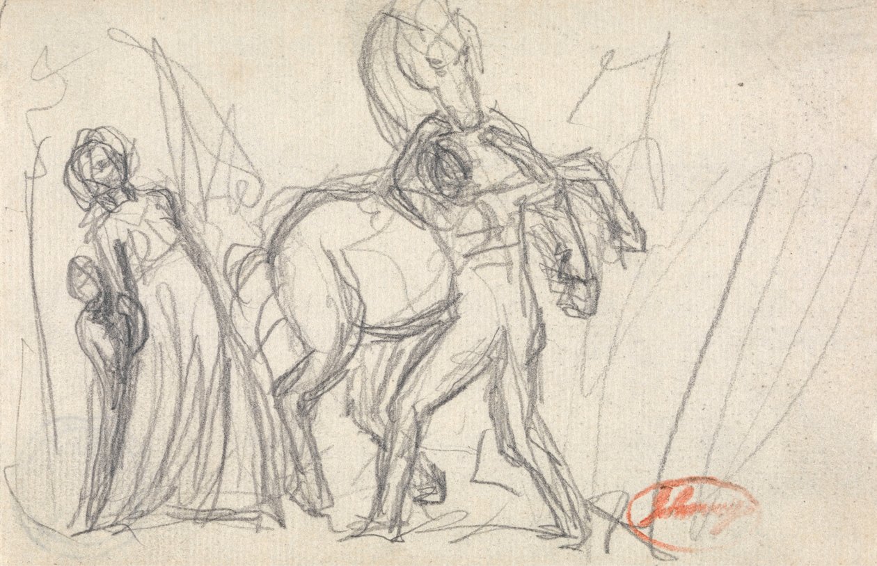 Sujet non identifié - Femme, enfant, homme et cheval - George Romney