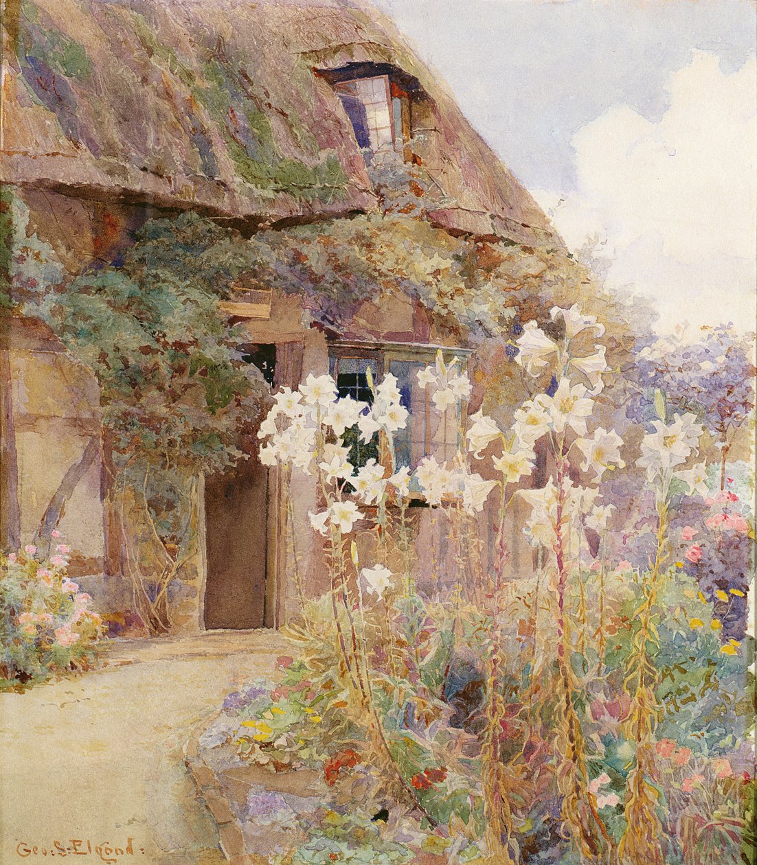 Un jardin de cottage avec des lys de la Madone - George Samuel Elgood