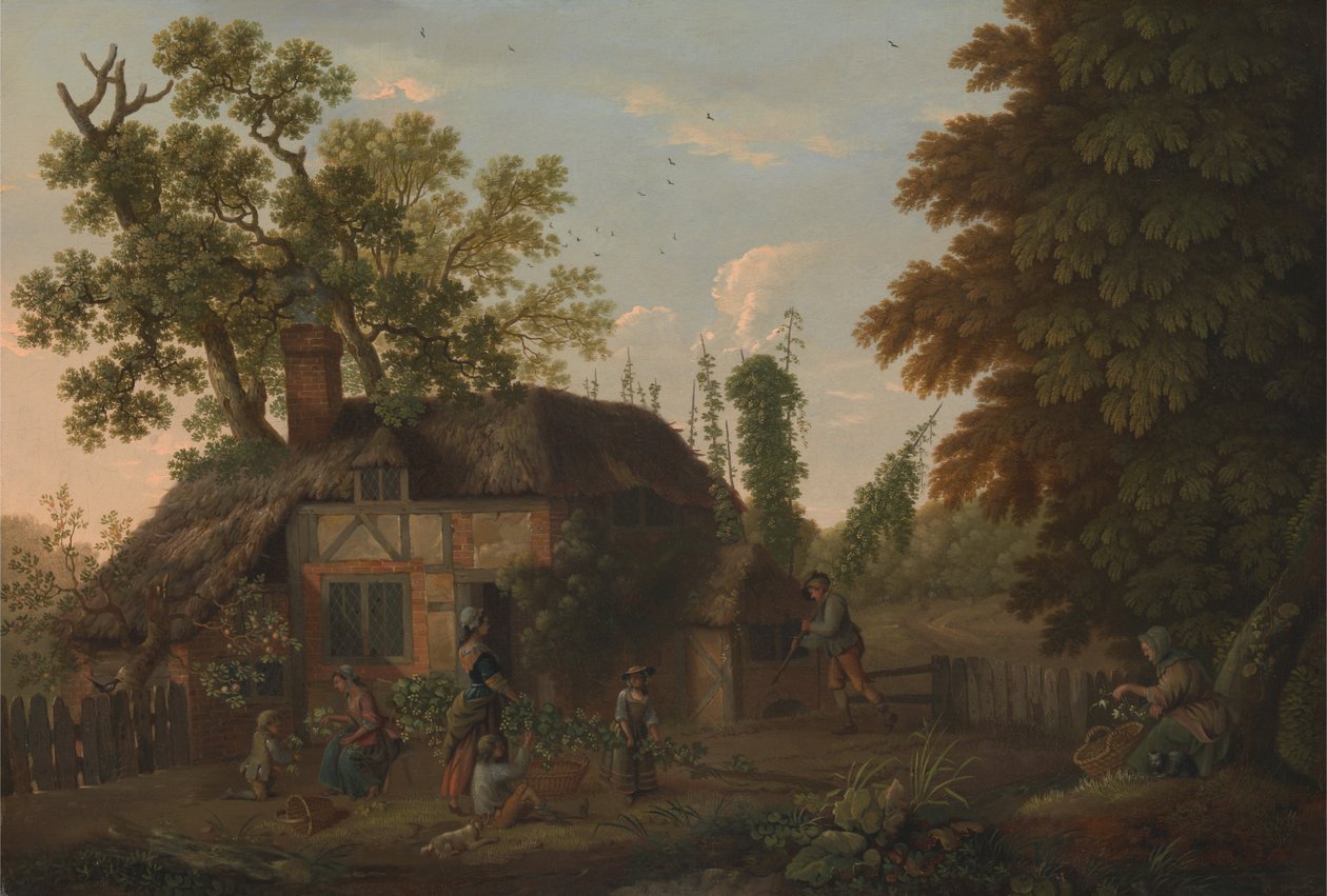 Cueilleurs de houblon devant un cottage - George Smith
