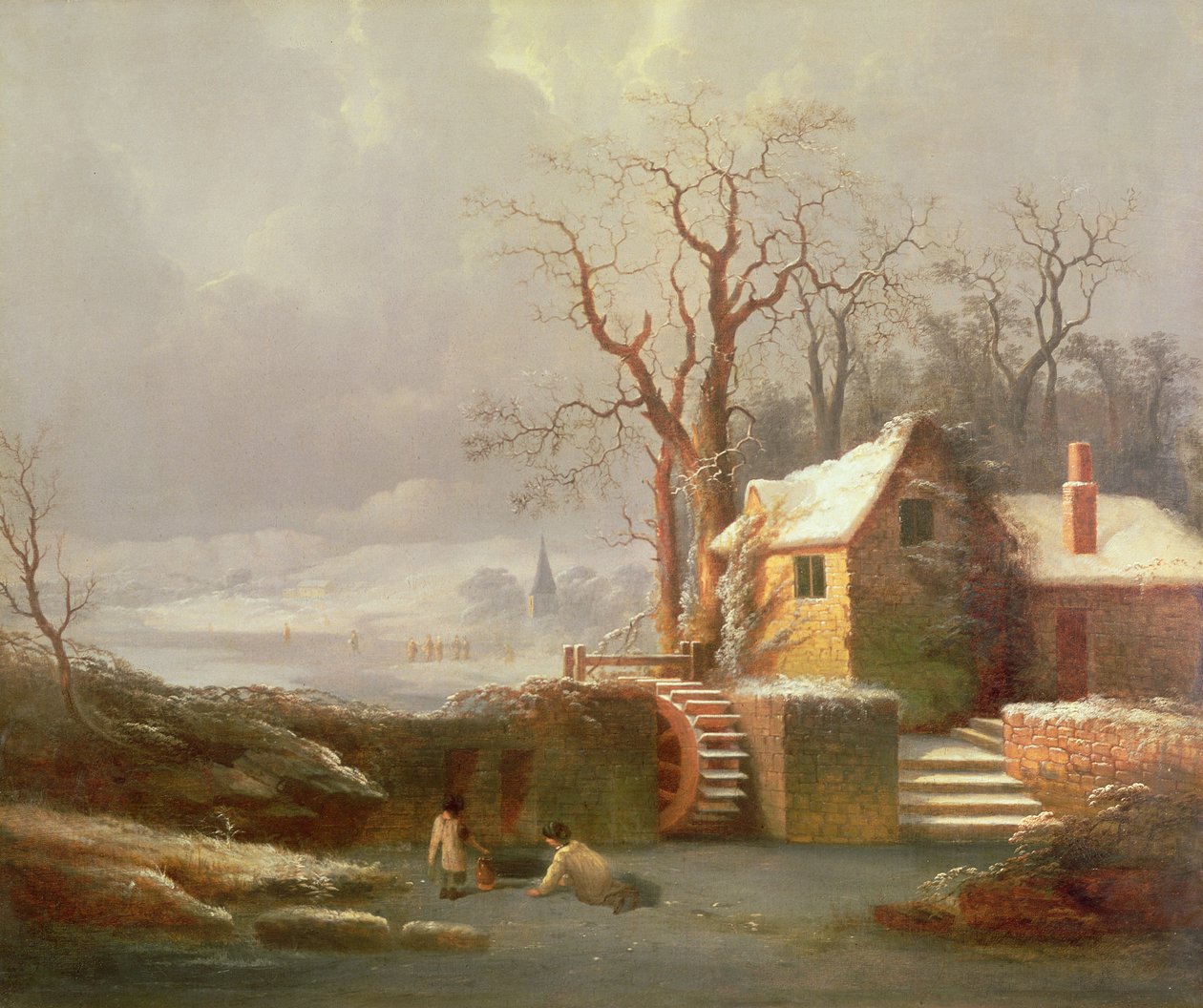 Paysage enneigé avec moulin et cottages - George Smith