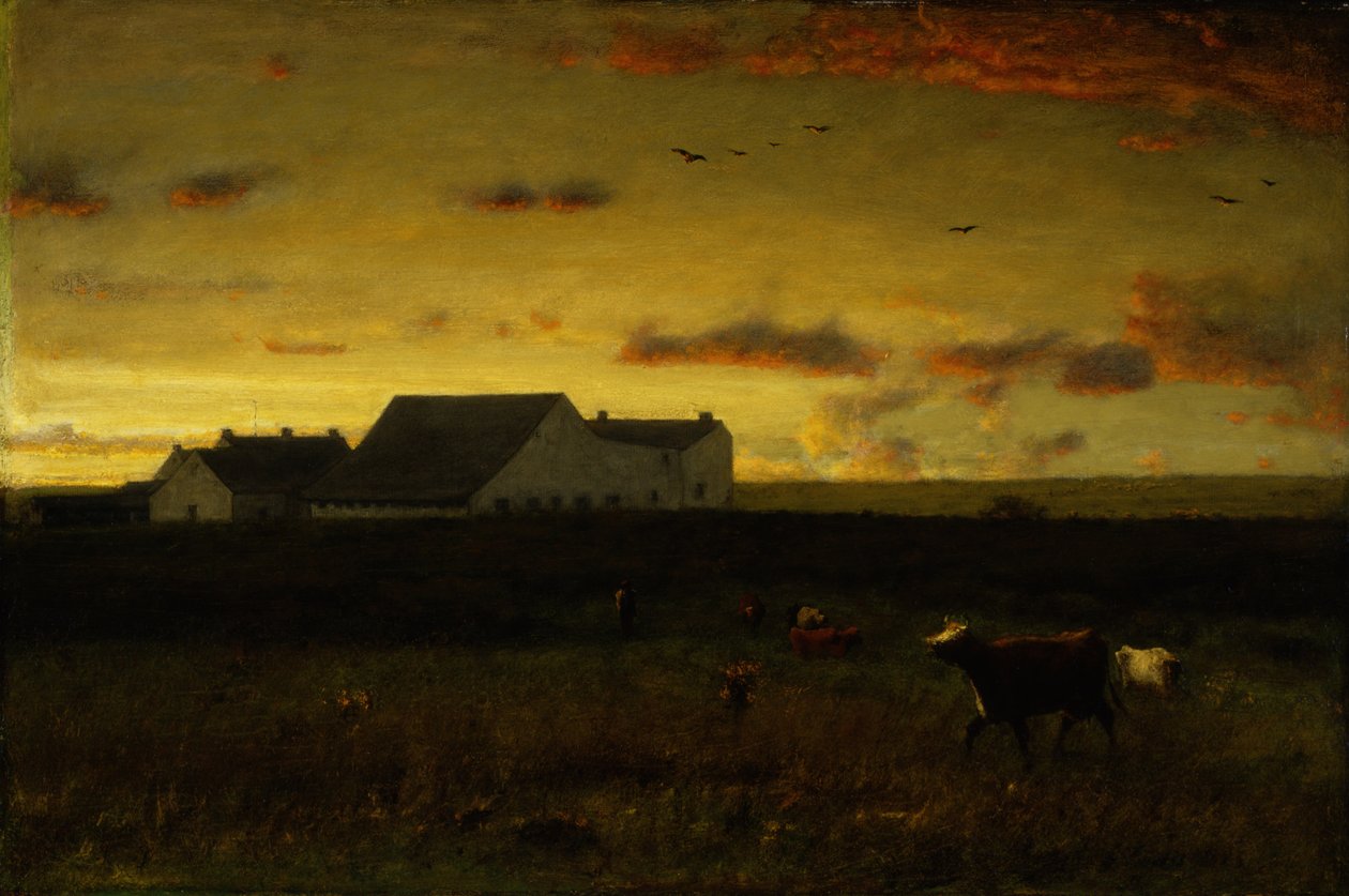 Paysage de ferme, bétail au pâturage, coucher de soleil, Nantucket, vers 1883 - George Inness