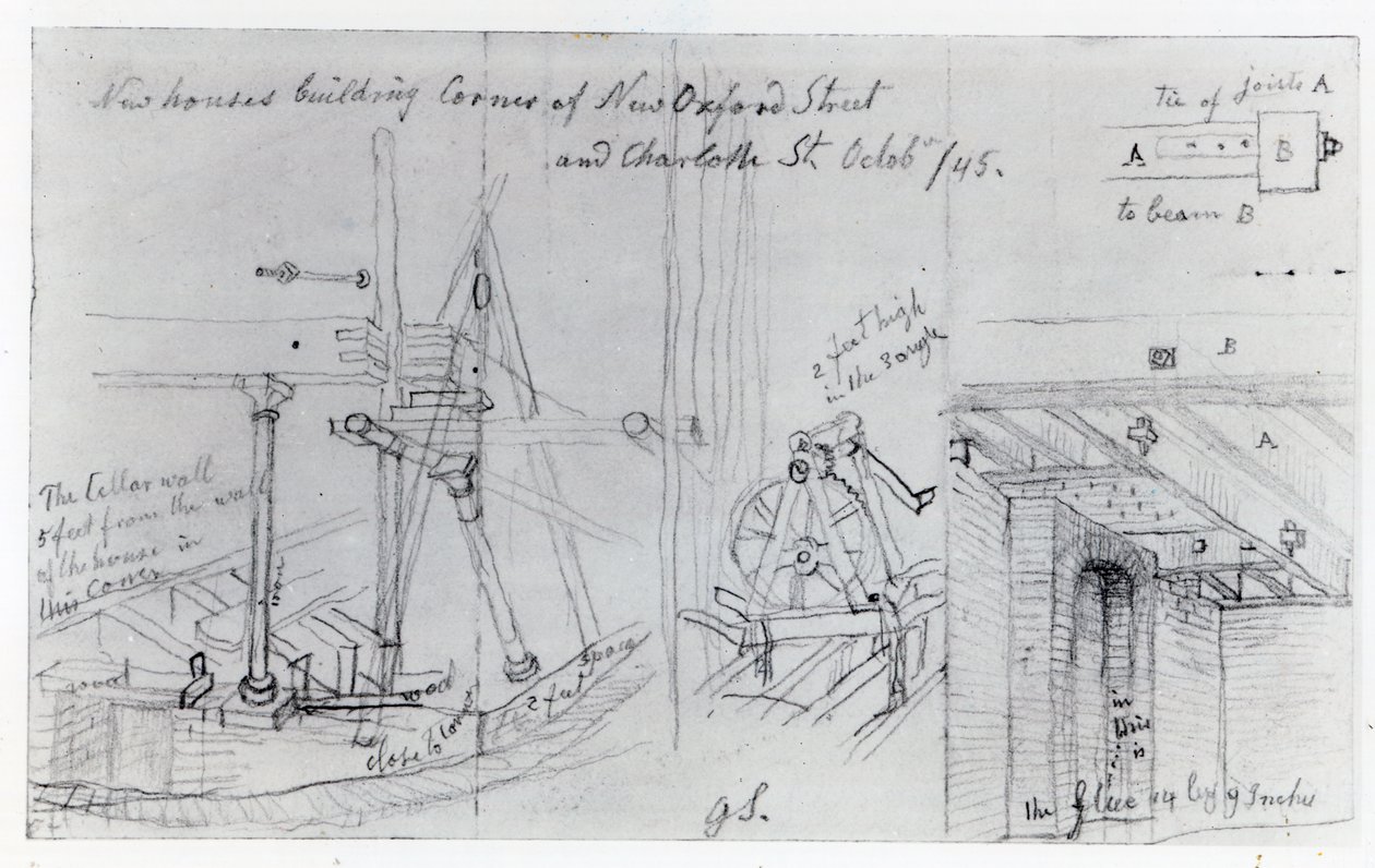 Construction de nouvelles maisons au coin de New Oxford Street et Charlotte Street, 1845 - George Snr Scharf