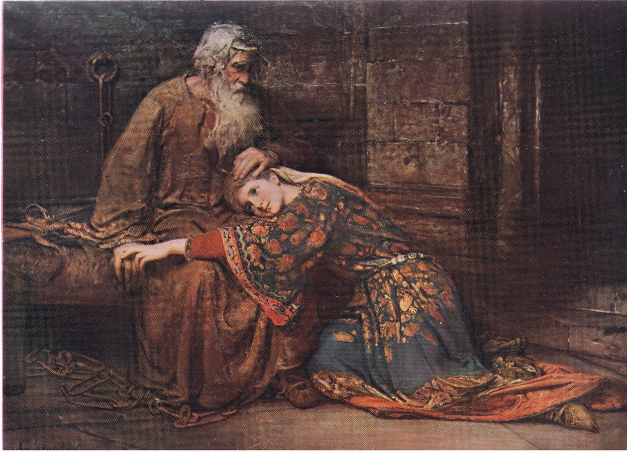 Cordelia réconfortant le roi Lear en prison (Le Roi Lear) Nous chanterons seuls comme des oiseaux dans la cage, extrait des Œuvres complètes de William Shakespeare publié par J. Coker & Co Ltd - George William Joy