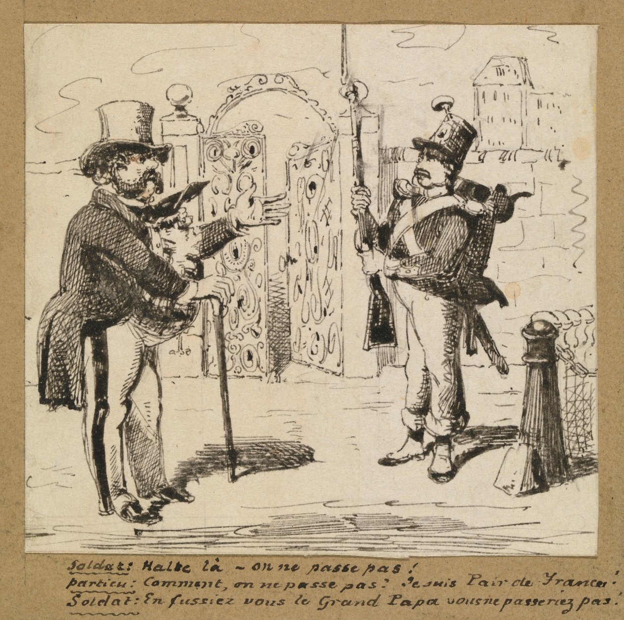Sentinelle arrêtant un gentleman à la porte - George Augustus Sala