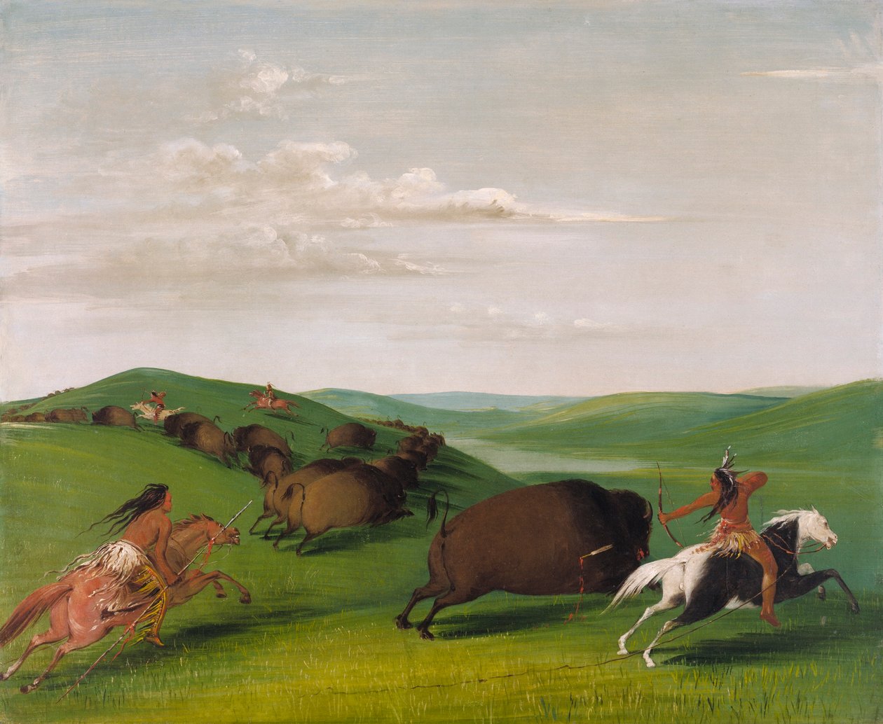Buffalo Chase avec arcs et lances - George Catlin