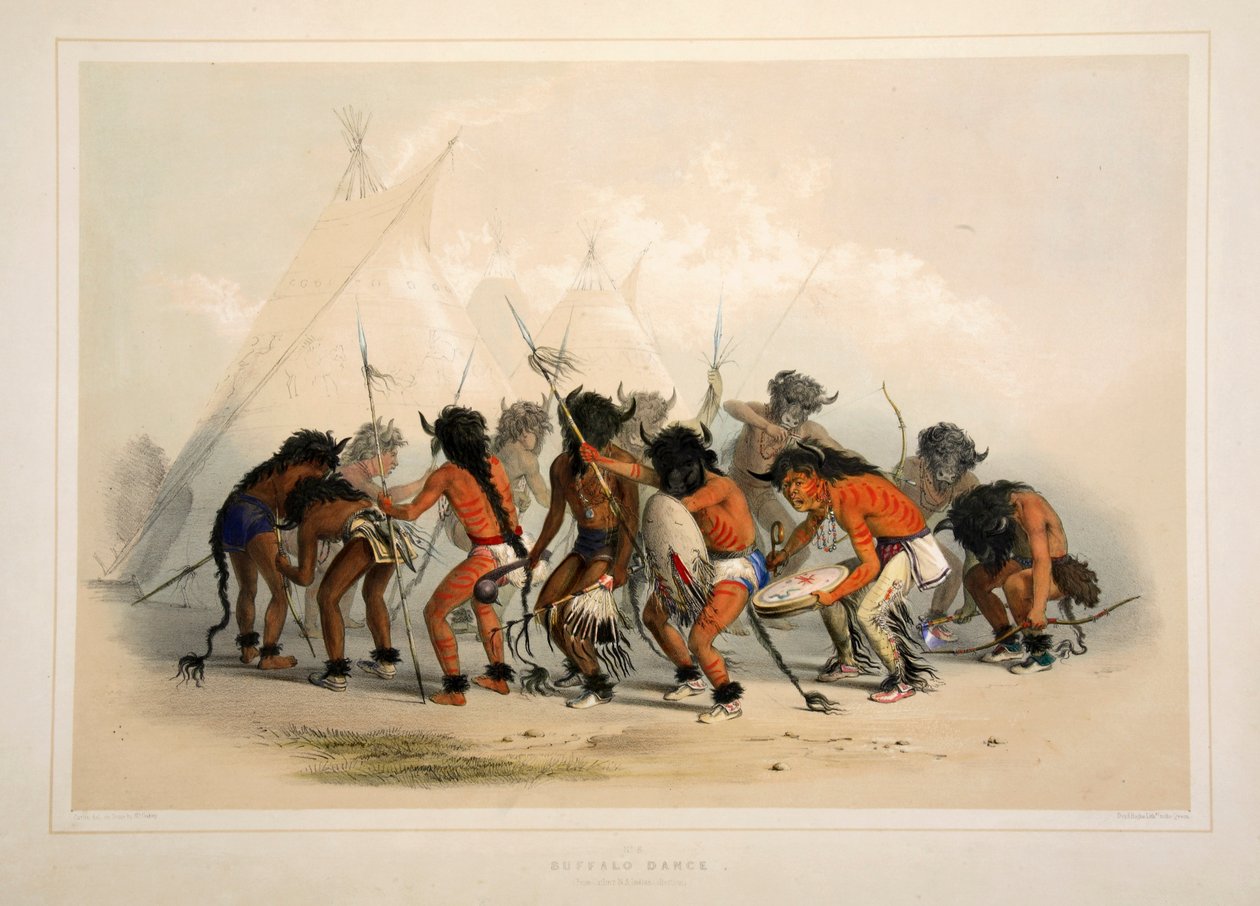 Danse des bisons, pub. 1845 lithographie en couleur - George Catlin