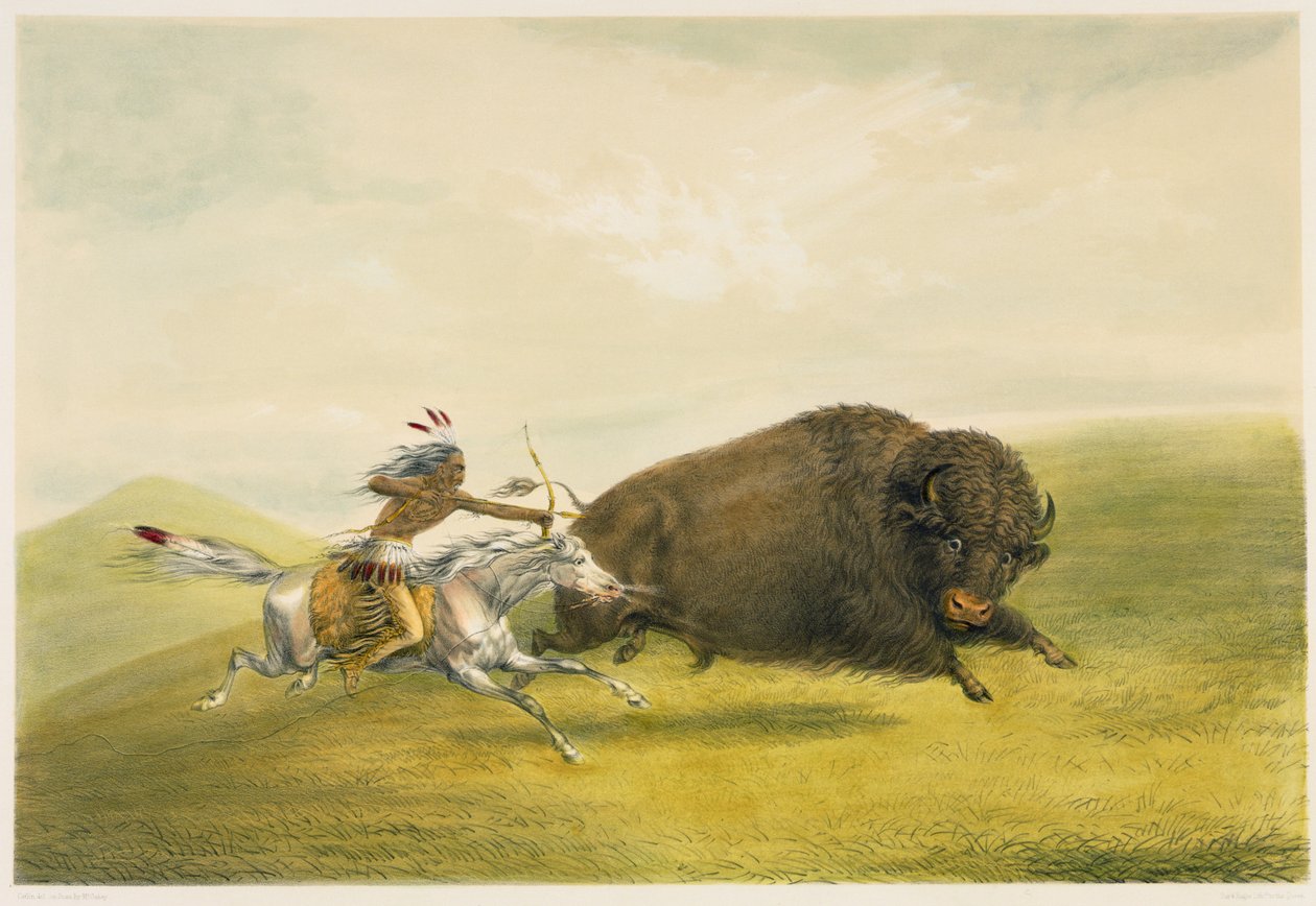 Buffalo Hunt Chase (lithographie couleur) - George Catlin