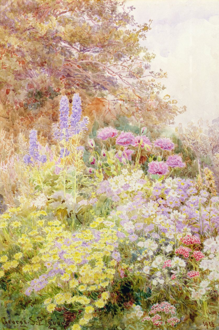 Anthemis, coquelicots et delphiniums - George Samuel Elgood