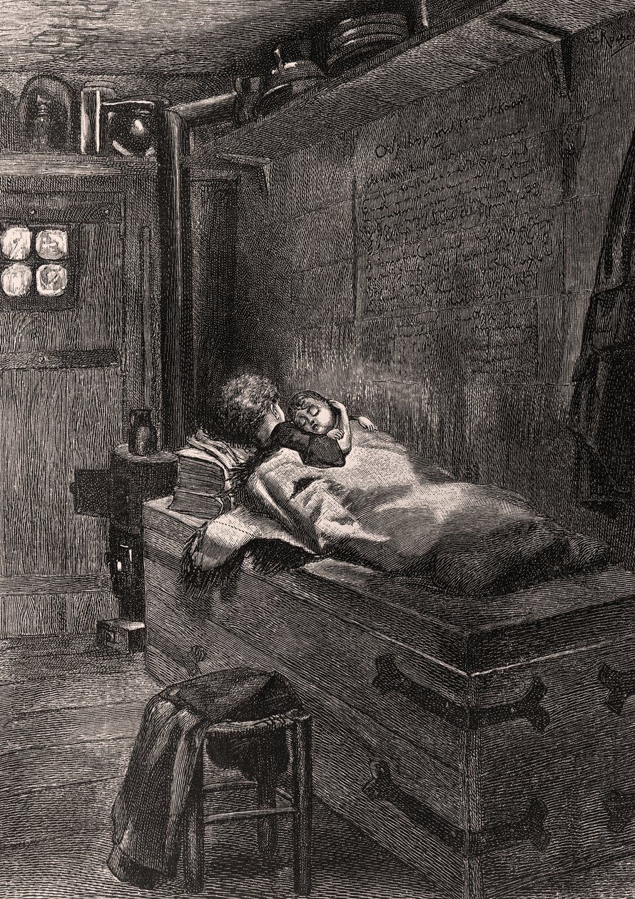 Gwynplaine et Dea dormant sur un coffre - illustration de L