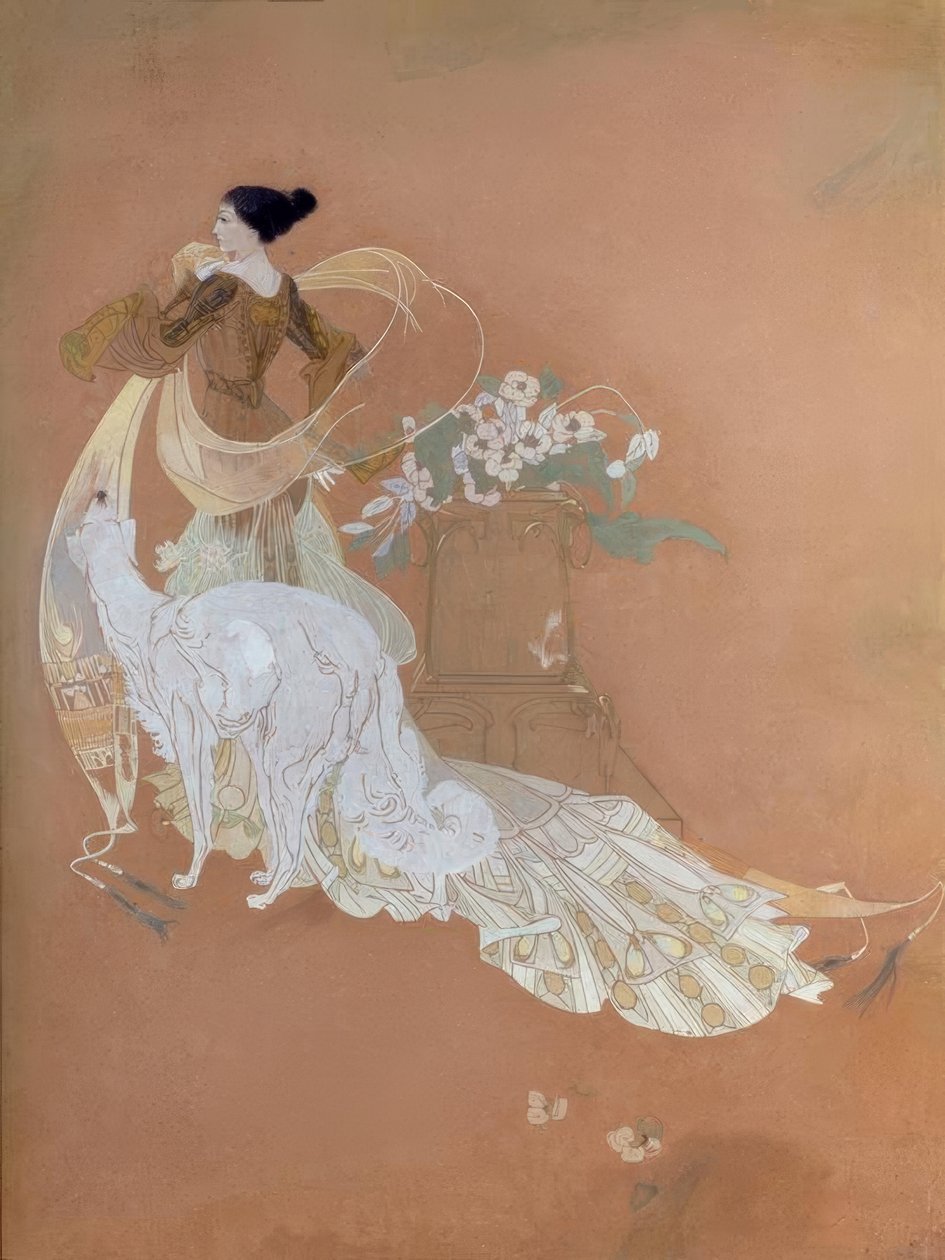 Georges de Feure, Dame élégante avec Barsoi / Gouache - Georges de Feure