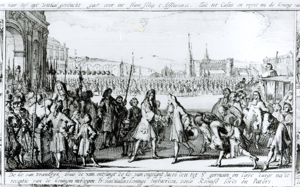 Le Roi Louis XIV (1638-1715) reçoit Jacques II (1633-1701) à Saint-Germain-en-Laye - German School
