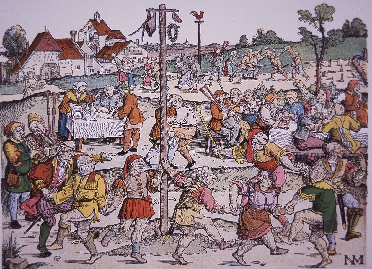 Paysans dansant (gravure colorée à la main) - German School