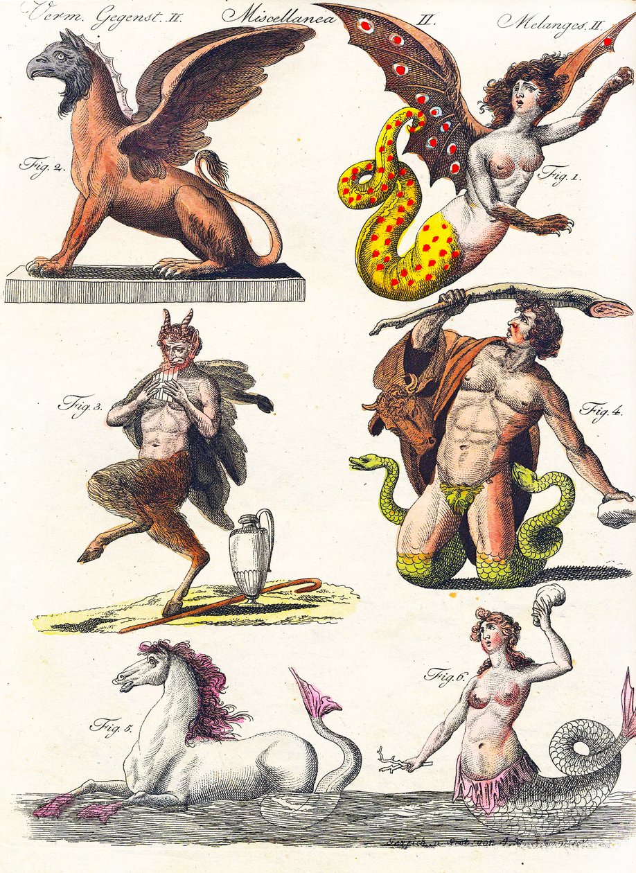 Planche montrant divers hybrides mythologiques, 1830 - German School