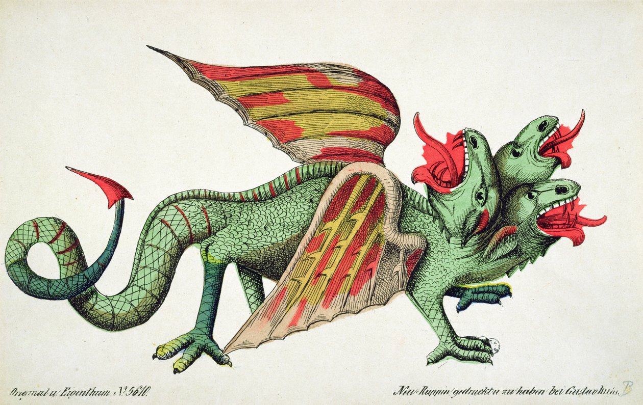 Dragon à trois têtes crachant du feu - German School
