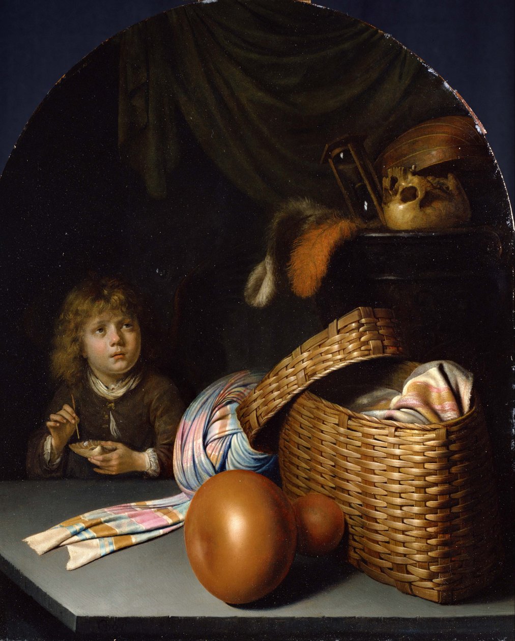 Nature morte avec un garçon soufflant des bulles de savon. - Gerrit Dou